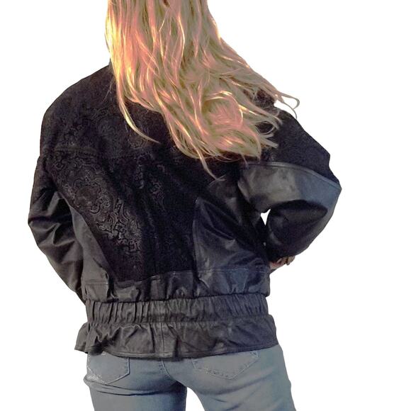 Y2K Bomber Jacket Sz M Black Texture Leather Patchwork Moto Collect VNT 80s - Picture 9 of 16